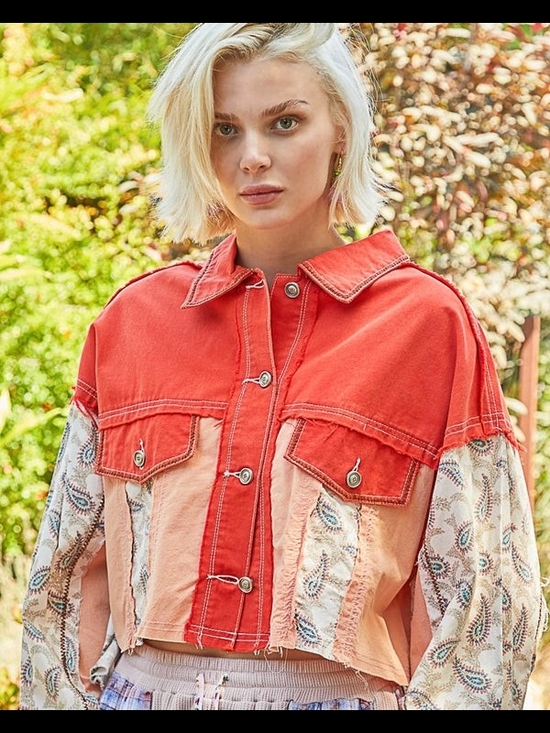 POL Jackets & Blazers - POL Cropped Colorblock Jacket Orange Peach with Printed Sleeves NWOT